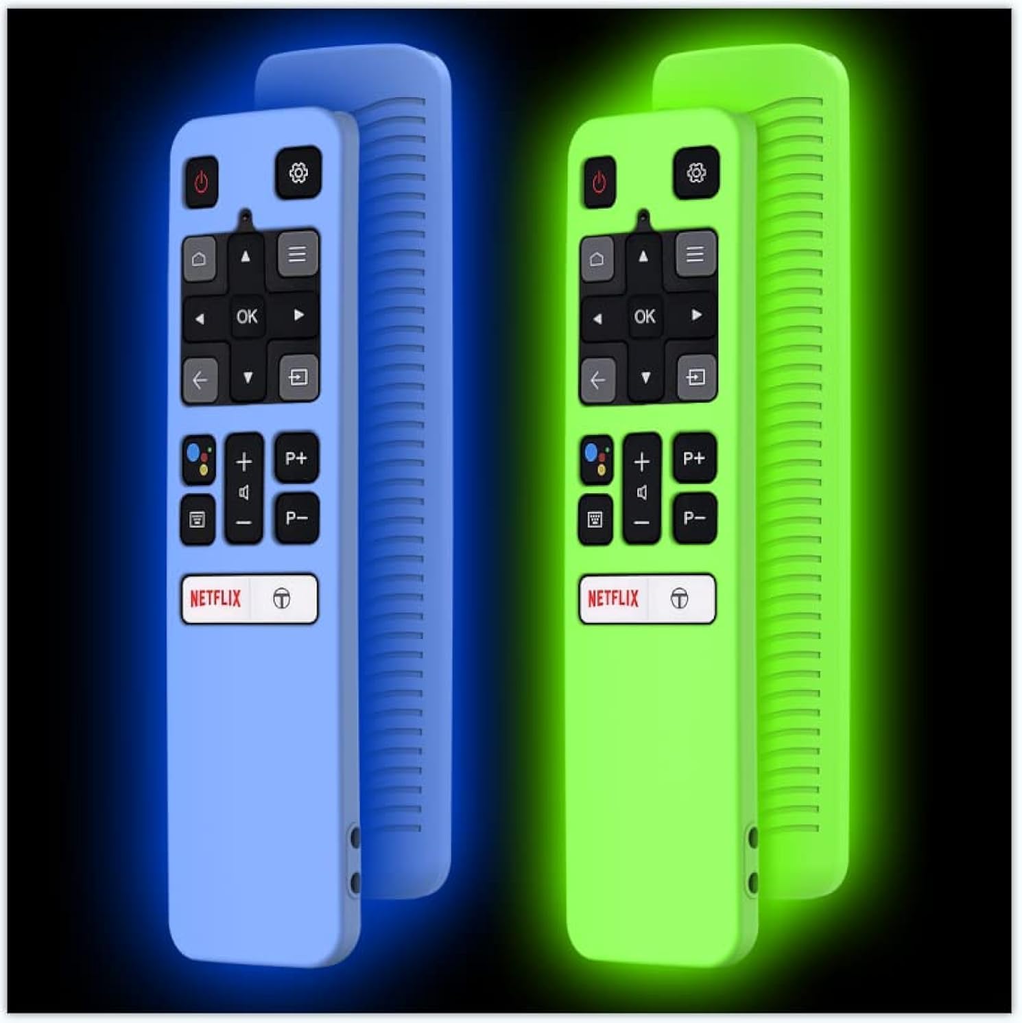 [2 Pack] WQNIDE Case for TCL RC802V FMR1 FNR1 Smart Voice Remote Control, Silicone Protective Cover Shockproof Anti Slip Anti-Lost Glowing(Glowgreen and Glowblue)