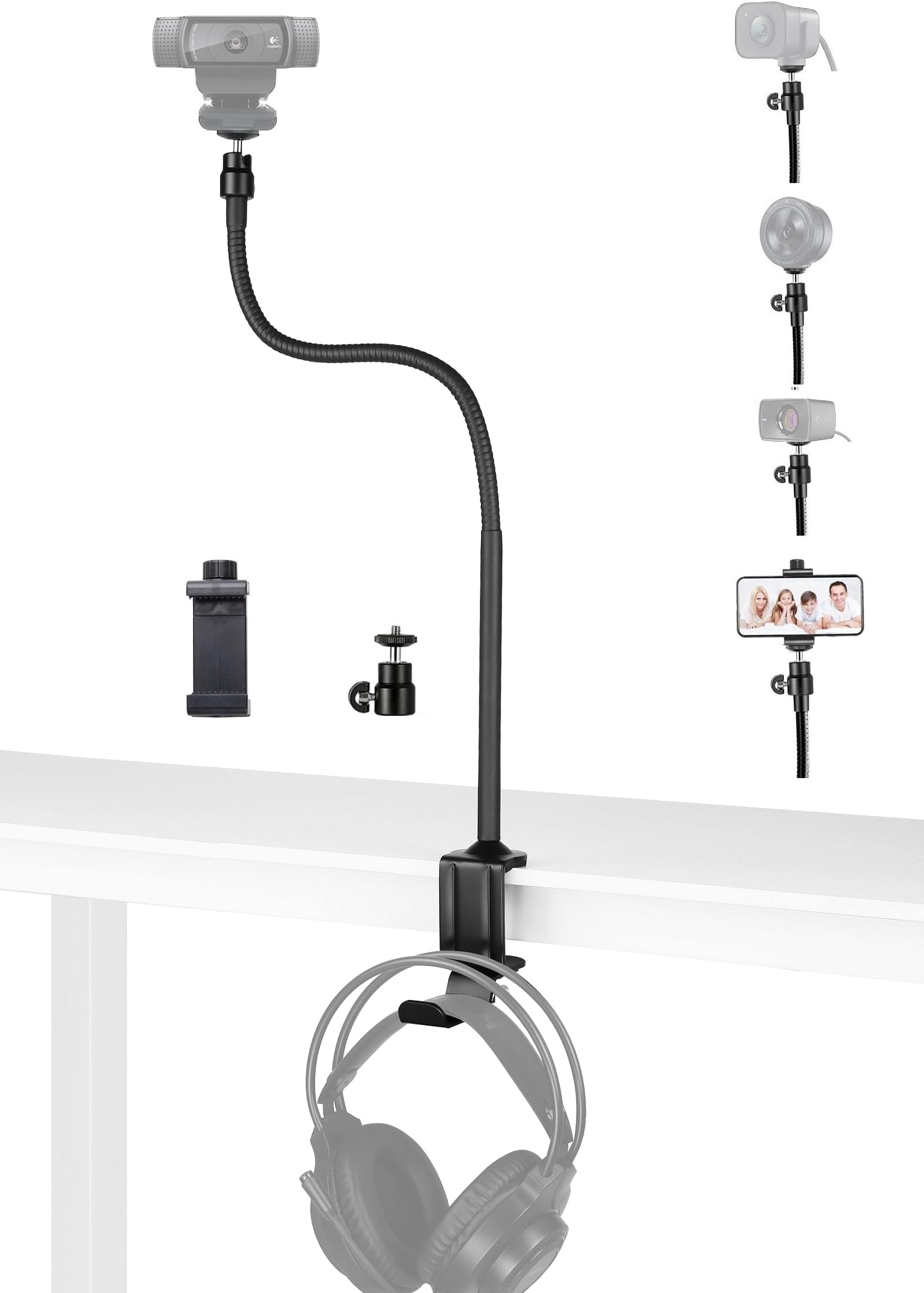 AceTaken 24-Inch Webcam Clamp Mount, Webcam Swivel Stand Holder with Headphone Hook Compatible with Logitech StreamCam C920 C930 C922 C925 C615 Brio 4K webcams - 1/4''-20 Interface