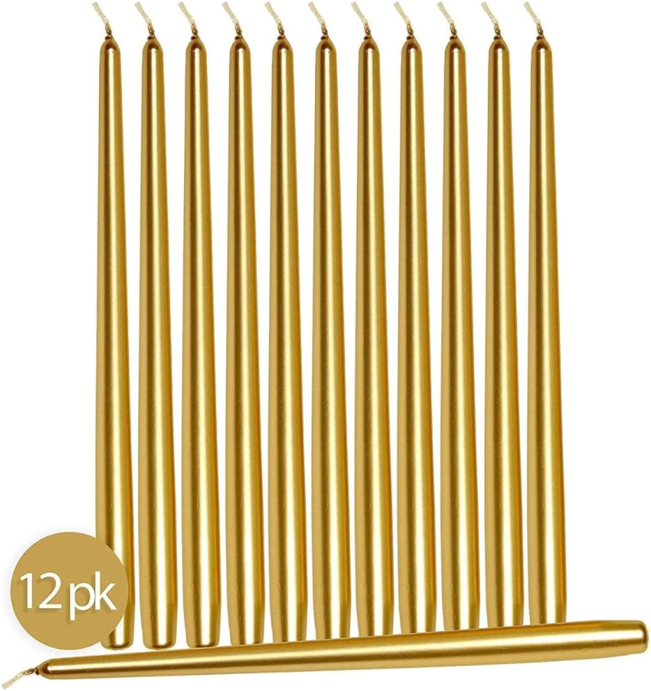 Set of 12 Gold Taper Candlesticks | 10 Inch (25cm) Tall Tapered Candles | Dripless Dinner Candle Sticks | Natural Wax with Cotton Wicks | 8 Hour Burn Time