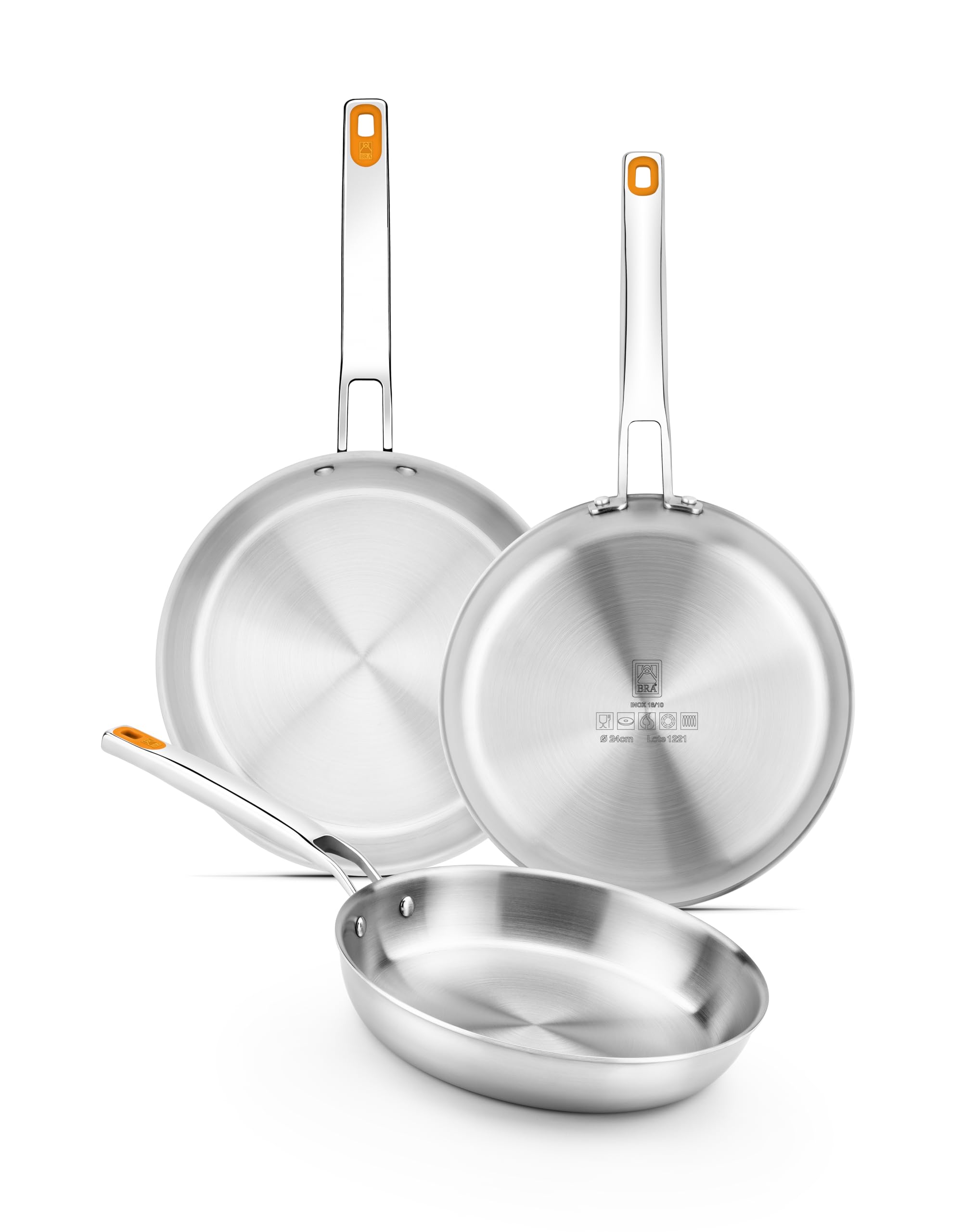 BRA Efficient Inox Triply Pfannenset, 20 – 24 – 26 cm, Edelstahl 18/10, ohne Antihaftbeschichtung, mit dreifachem Diffusorboden, geschmiedet, PFOA-frei, genieteter Griff