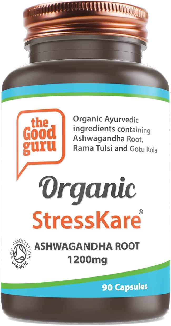 Organic StressKare – Ashwagandha Root 1200mg | 90 Vegan Capsules | with Rama Tulsi & Gotu Kola | Ayurvedic Stress Relief & Relaxation Supplement | Soil Association Certified