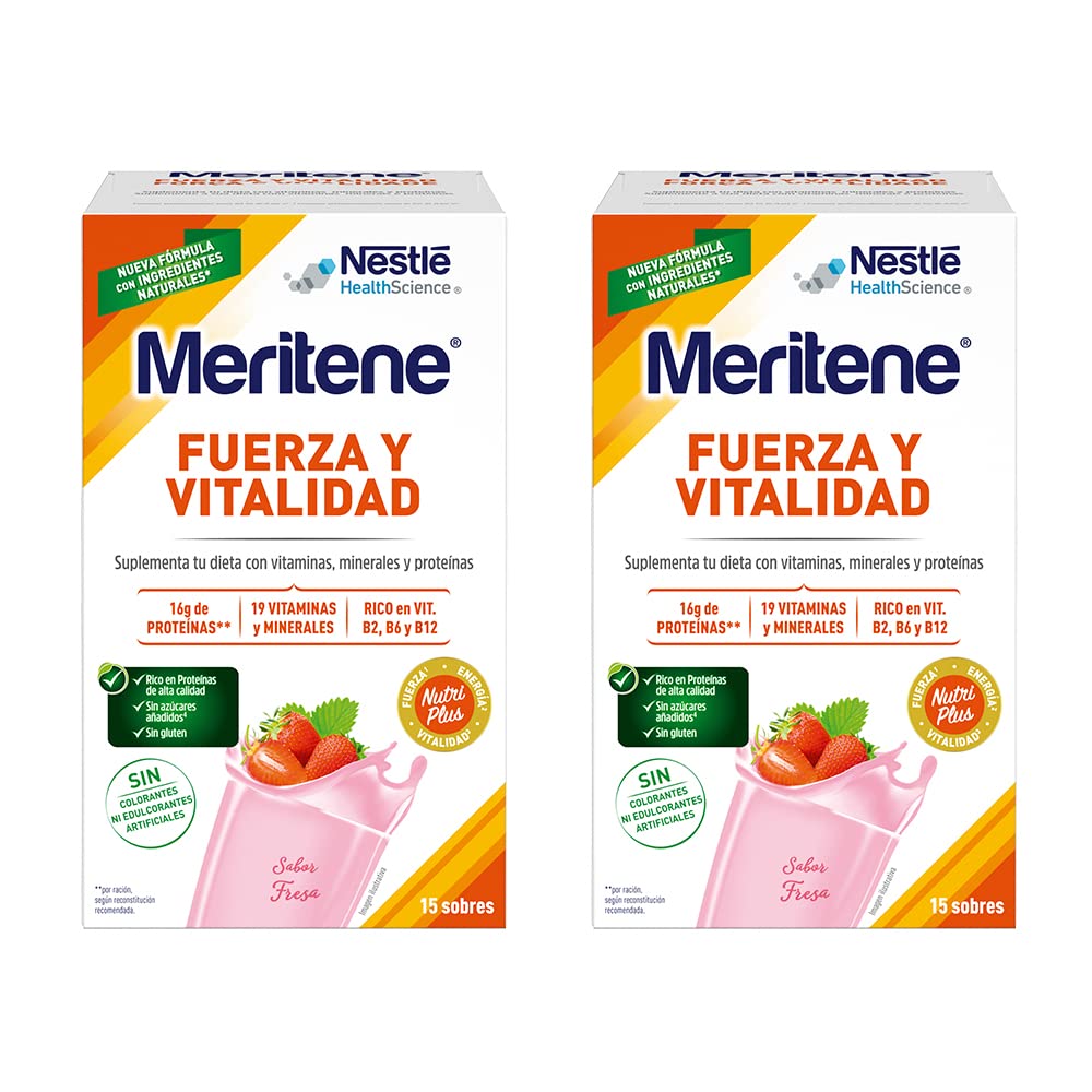 Meritene Fuerza y Vitalidad - Alimento en Polvo - Batido de Proteínas Vitaminas y Minerales -Fresa -Refuerzo del Sistema Inmunitario 2 packs