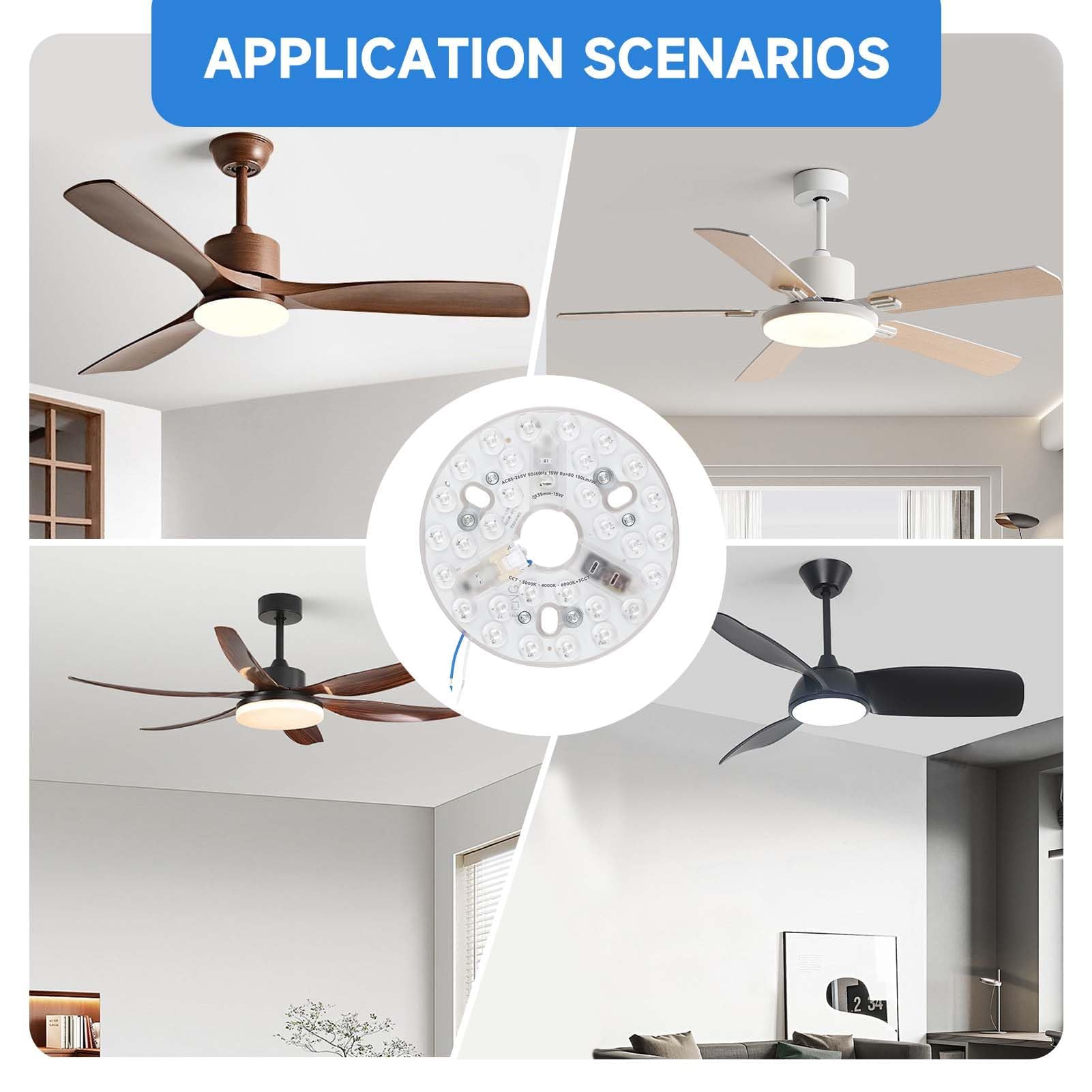 Kit de Recambio Luz LED 15W para Ventilador de Techo 5.3, Panel Redondo 3CCT 3000/4200/6500K con Memoria, Base de Aluminio 85–265V, Repuesto Universal para Modernizar Lámparas y Ventiladores