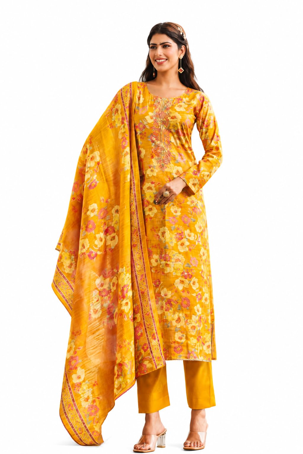 Premium Modal Silk Unstitched Suit Set for Women | Discharge Printed Top with Embroidery Work | Cotton Bottom & Modal Silk Dupatta-image-7