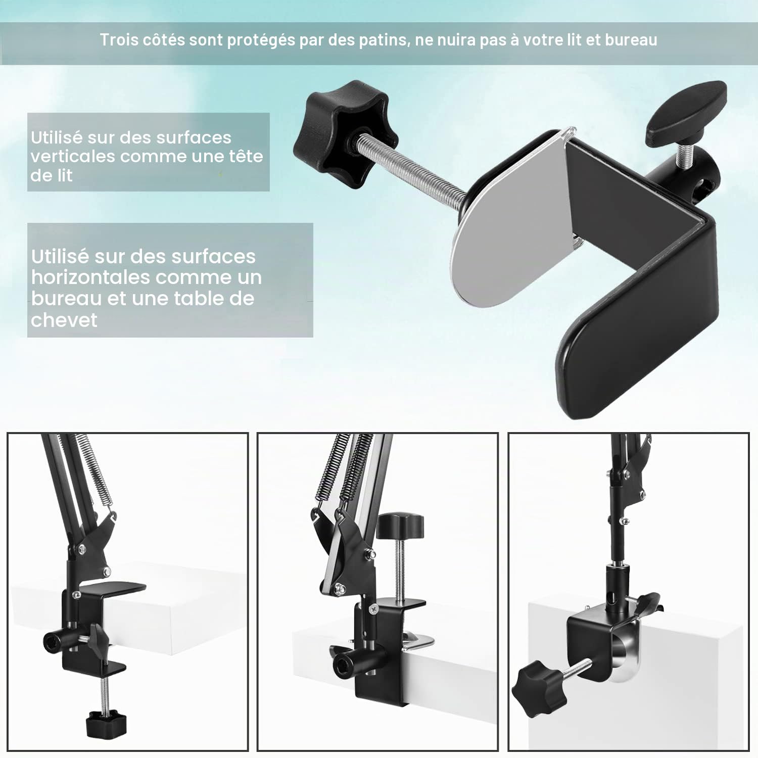Support à tablette pour lit, rotatif à 360° avec bras en aluminium solide pour iPad, tablettes, téléphones ou autres appareils avec écran de 4,5 à 12,9"
