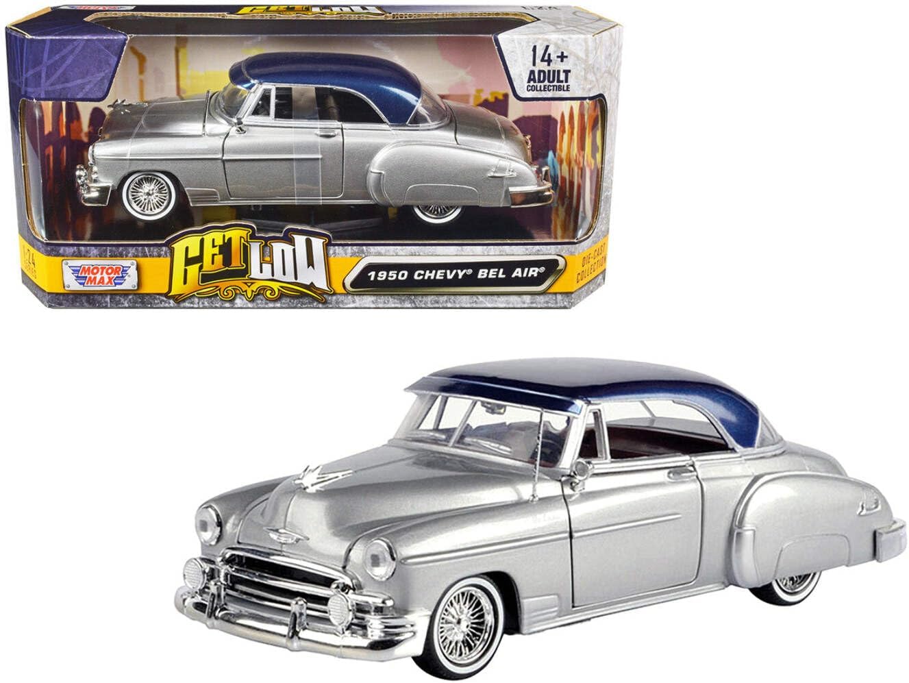 1950 Chevy Bel Air Lowrider Silver Metallic with Blue Metallic Top Get Low Series 1/24 Diecast Model Car by Motormax 79026