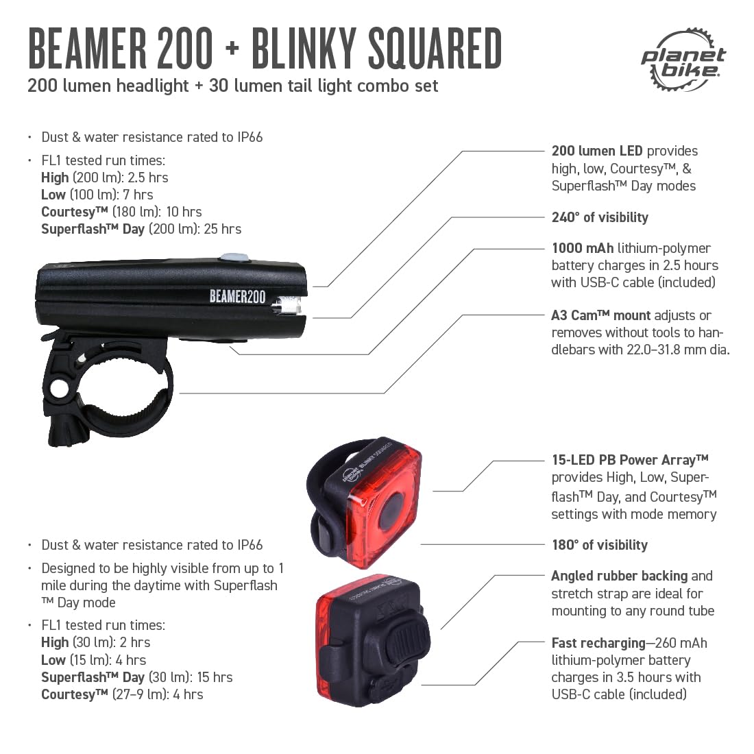 Planet Bike Kit d'éclairage Beamer 200 et Blinky Squared
