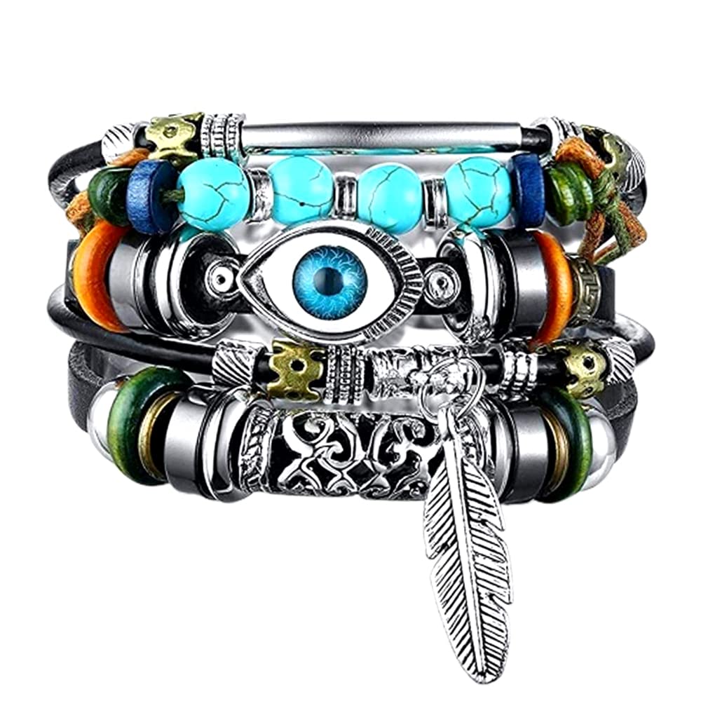 Vientiq Multi-Color Leather Wraparound Bracelet Blue Evil Eye for Men and Women (B0C5YV49G6) Amazon Price History, Amazon Price Tracker