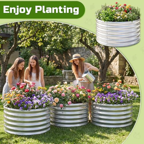 Image of AHEONLAR 3PCS 2x2x2FT Galvanized Raised Garden Bed Kit Round Metal Flower Box Large Planter Raised Beds Outdoor Garden for Planting,Fruit,Herb Silver