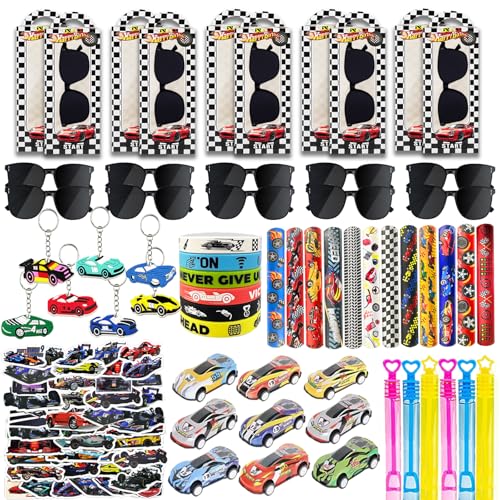 QZYCMHOO 120PCS Race Car Party Favors Set, Car Birthday Decorations Including Slap Bracelets, Keychains, Gift Bags, DIY Stickers,Racing Glasses ,Bubble Wands, Race Car Birthday Supplies