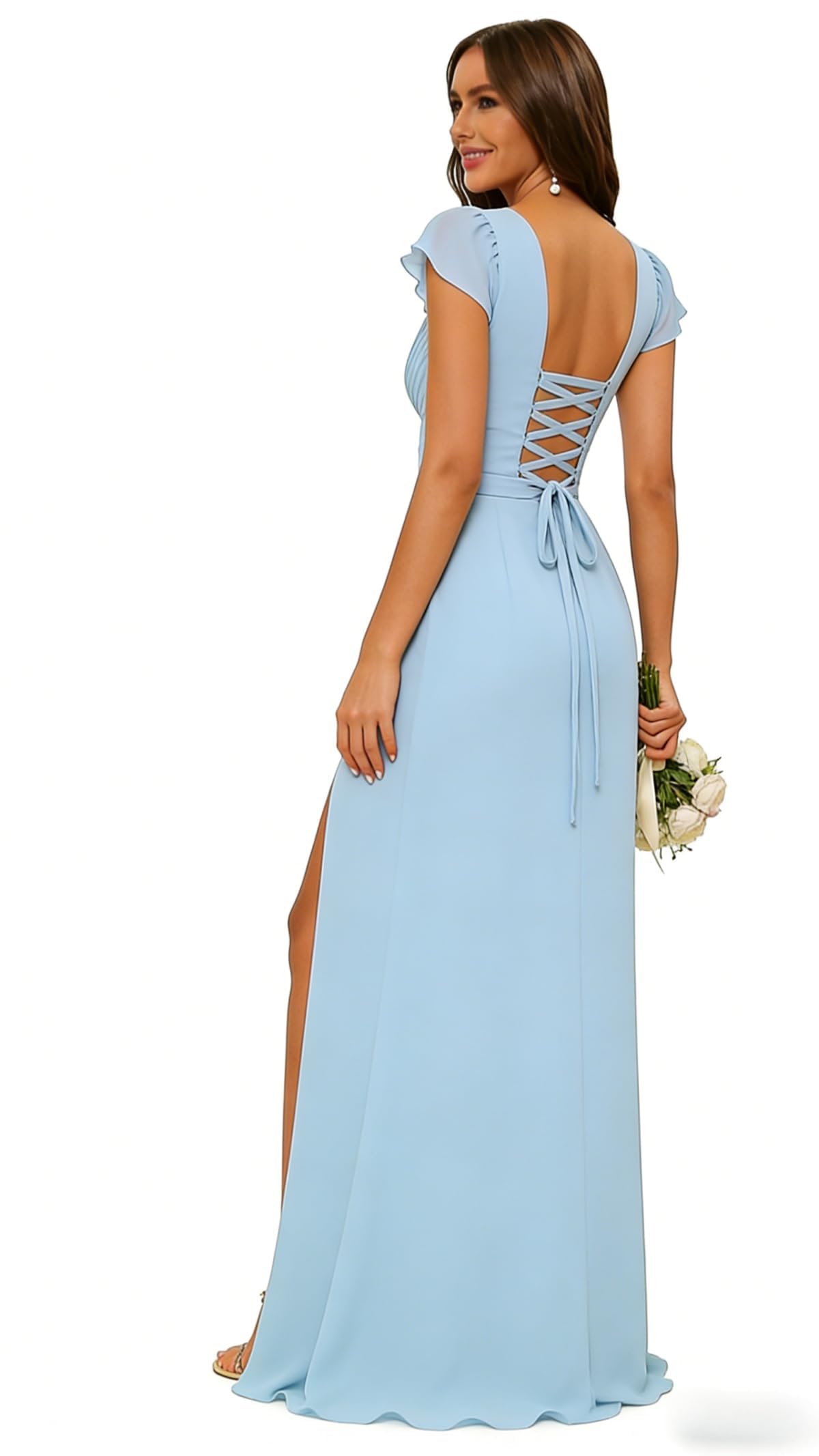 HUINI Brautjungfernkleid mit Schlitz Chiffon A-Linie V-Ausschnitt Lange Formelles Abendkleid