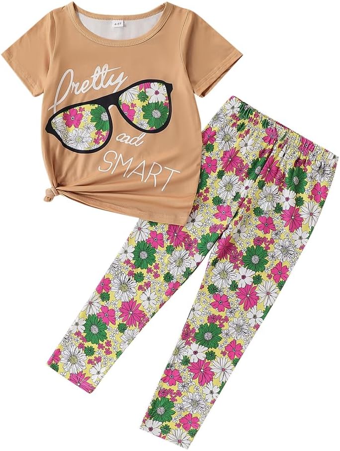 4-7T Kids Toddler Girls Print Outfits Short sleeved Flower Printed Top+Flower Print Pants Set