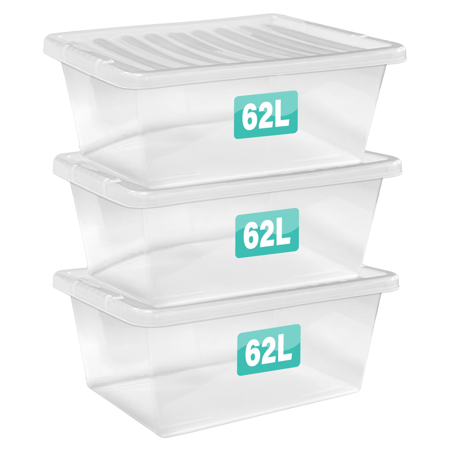 3 x 62 Litre Clear Plastic Storage Boxes With Lids Set of 3, Transparent Multipurpose Nestable Stackable Plastic Box With Lid Containers For Home, Kitchen, Garage, Office, Accessories