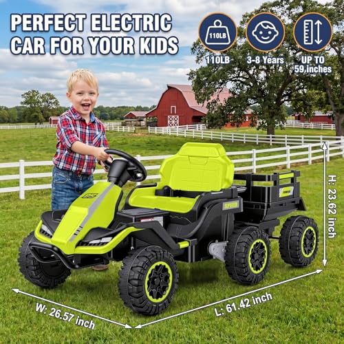 Image of Hikole 24V Ride on Toys Tractor for Kids 3+ w /Trailer, Electric Car, Green