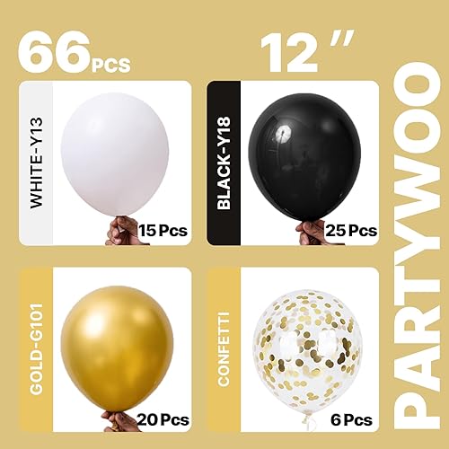 Miniatura 2 de PartyWoo Globos Negros y Dorados 66 piezas 12 Pulgadas Negro Mate Blanco Cromado Dorado Metálico Globos de Confeti para Graduación Baby Shower