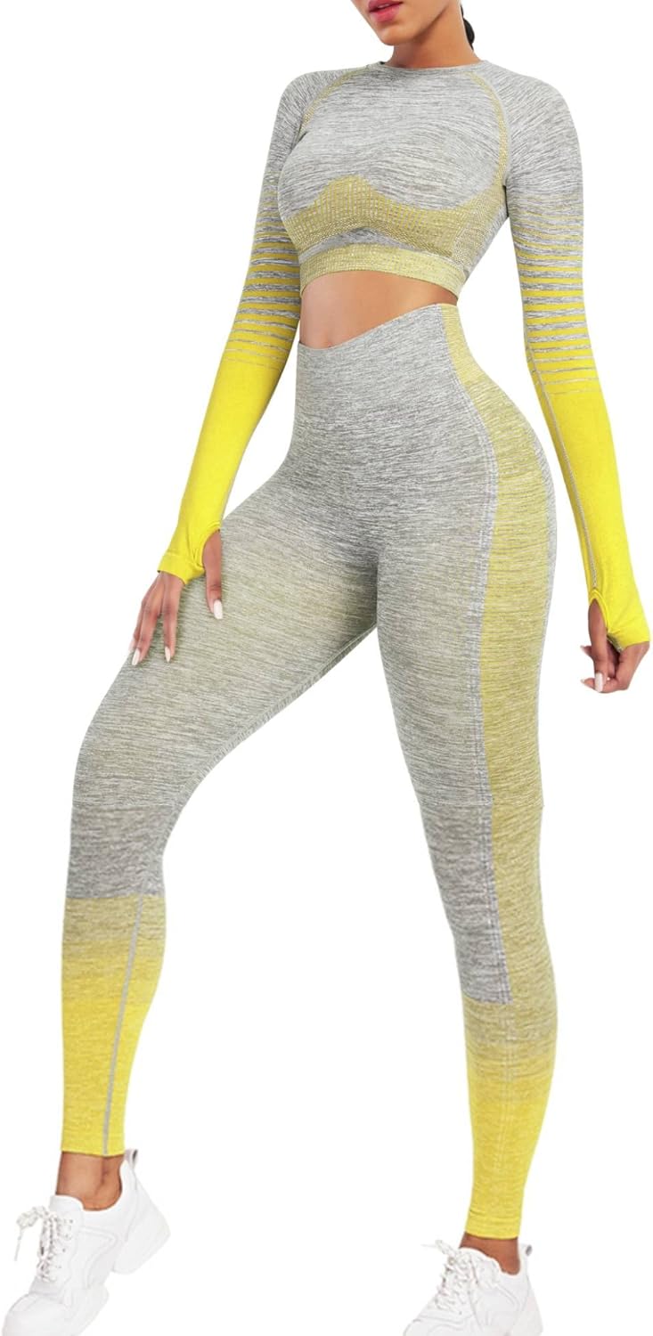 FeelinGirl 2 Piece Workout Sets for Women Long Sleeve Yoga Outfits Seamless Ribbed Crop Top High Waist Leggings