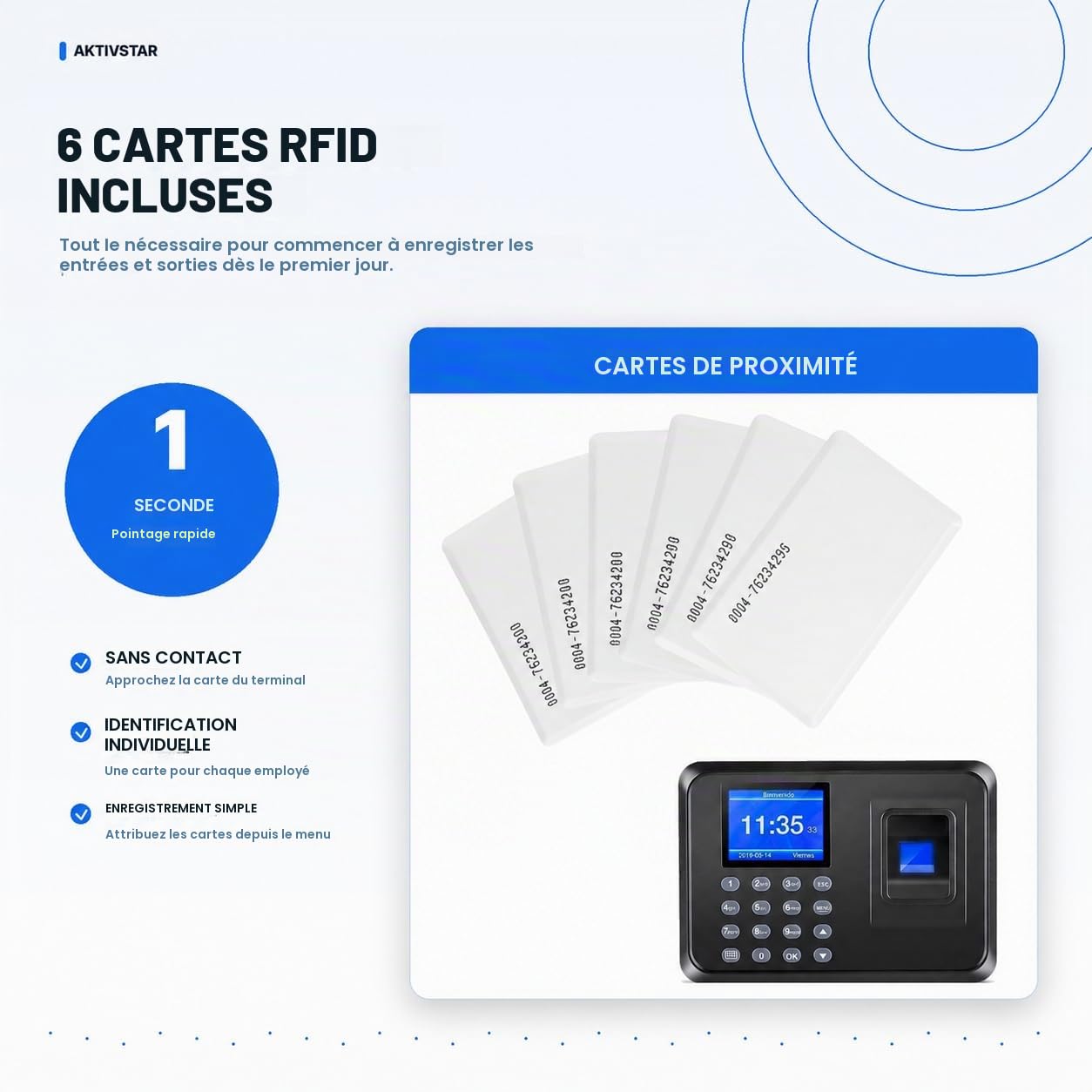 Aktivstar Contrôle horaire des employés, machine à signer avec écran LCD, clé USB de 8 Go, machine d'assistance biométrique, horloge de signature RFID, empreinte et code PIN comprend 12 cartes pour