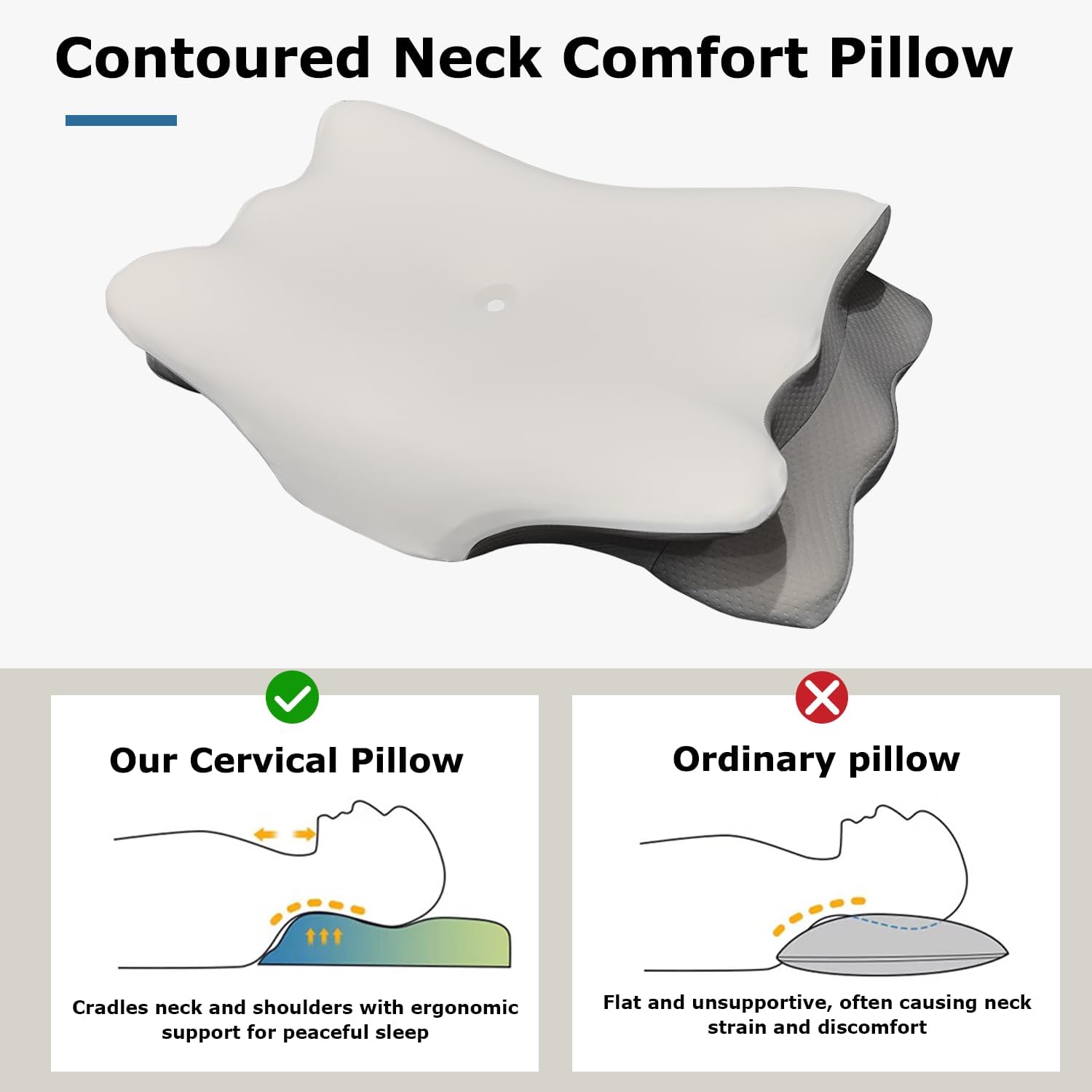 Cervical Neck Pillow for Pain Relief, Ergonomic Contour Memory Foam Pillow for Neck Support, Breathable Odorless Pillowcase, Adjustable Bed Pillow for Side Back Stomach Sleepers