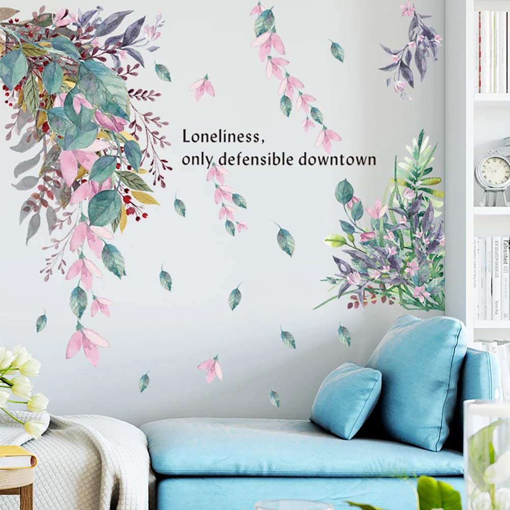 Adesivi Murali Fiori Blu E Rosa - Decorazione Parete Cameretta, Camera, Soggiorno, Con Foglie Di Vite E Farfalle, Vinile Riusabile