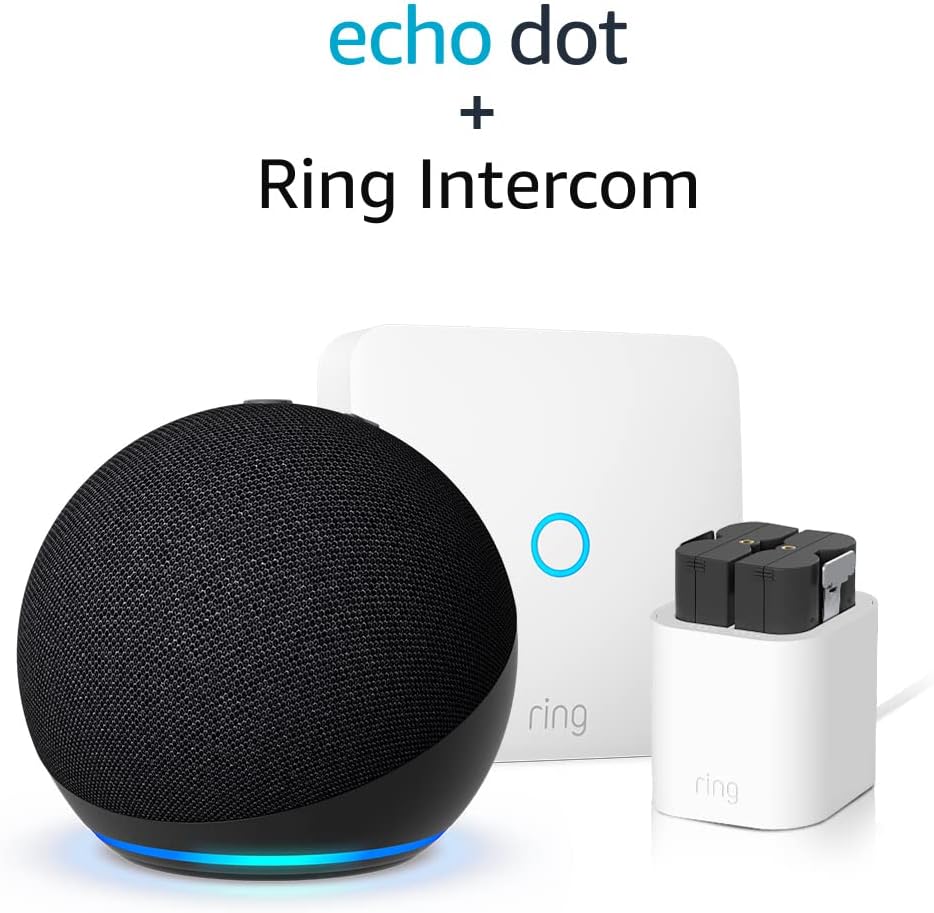 Ring Intercom + additional Quick Release Battery Pack + Charging Station by Amazon | Intercom upgrade, Two-Way Talk + All-new Echo Dot (5th generation) smart speaker with Alexa | Charcoal