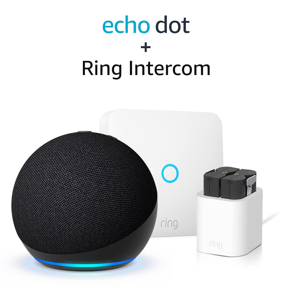 Ring Intercom + additional Quick Release Battery Pack + Charging Station by Amazon | Intercom upgrade, Two-Way Talk + All-new Echo Dot (5th generation) smart speaker with Alexa | Charcoal