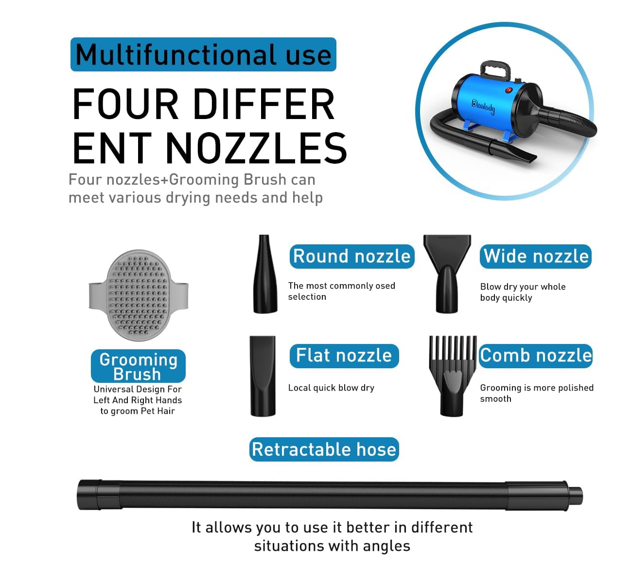 Secador de Pelo para Perros Blower Muy silencioso 4,5 CV / 3200 W Motor de Velocidad Ajustable, para el Cuidado de Perros con 4 boquillas Diferentes Manguera elástica y Cepillo de Cuidado