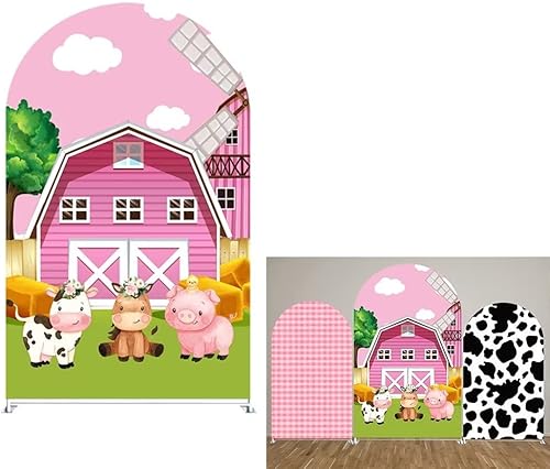 Iydamc Fundas de telón de fondo arqueadas de granja, color rojo, vaca, animal, Chiara, fondo elástico para fiestas de cumpleaños, baby shower,