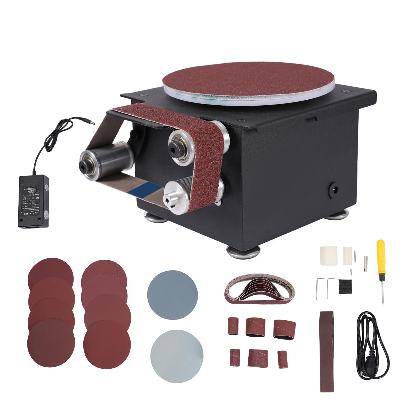 Lijadora de discos de 100 W, con 10 papeles de lijado, 10 bandas de lijado, columna de rodillo de arena de 20 mm y 40 mm de diámetro