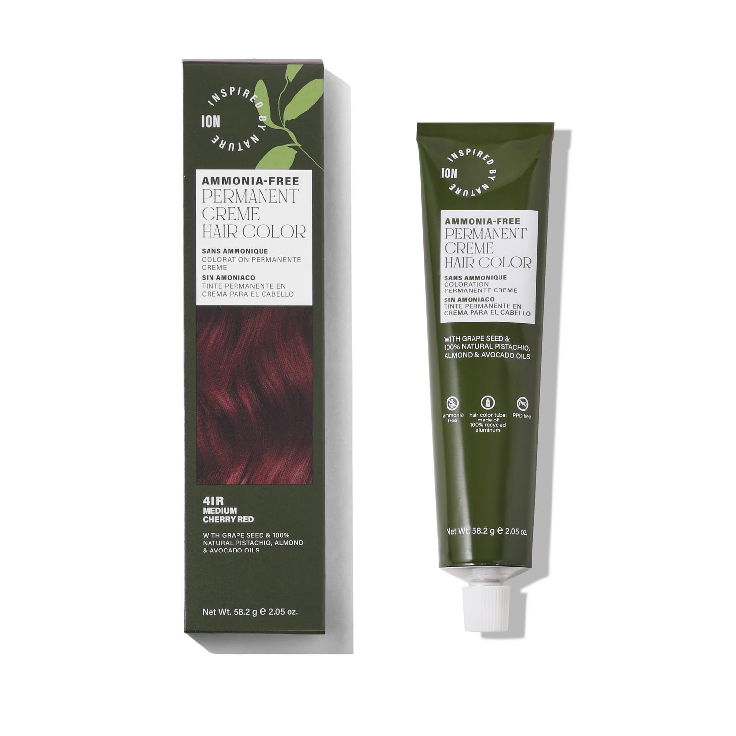 ion Inspired By Nature Permanent Hair Color Medium Cherry Red 4IR, made from 100% naturallyderived polymers, cruelty free, vegan, PPD free, recyclable