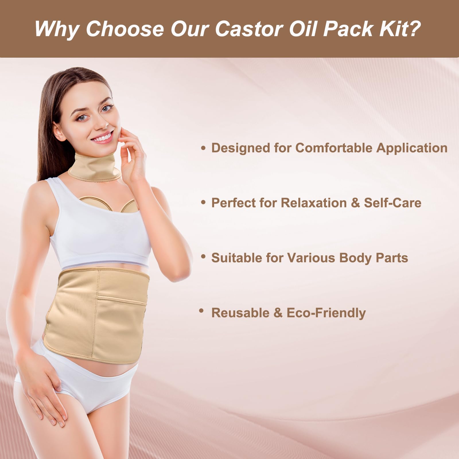 Castor Oil Pack Wrap, 9 Pcs Reusable Organic Cotton Pack Kit for Neck Breast Waist Belly Knee Feet, Castor Oil Compress Pads with Adjustable Elastic Straps
