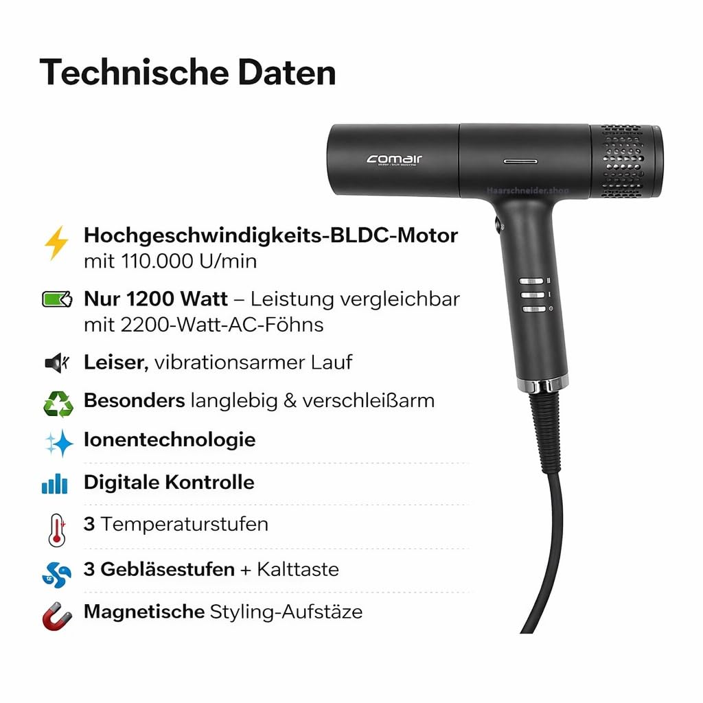 Comair T Magnetic Haartrockner Airstyler Hairtsyler + Rotschopf24 Tasche | Föhn mit BLDC High-Speed-Motor 110.000 U/min, 5 Magnetaufsätze, LCD, 1200 W und leiser Salonqualität