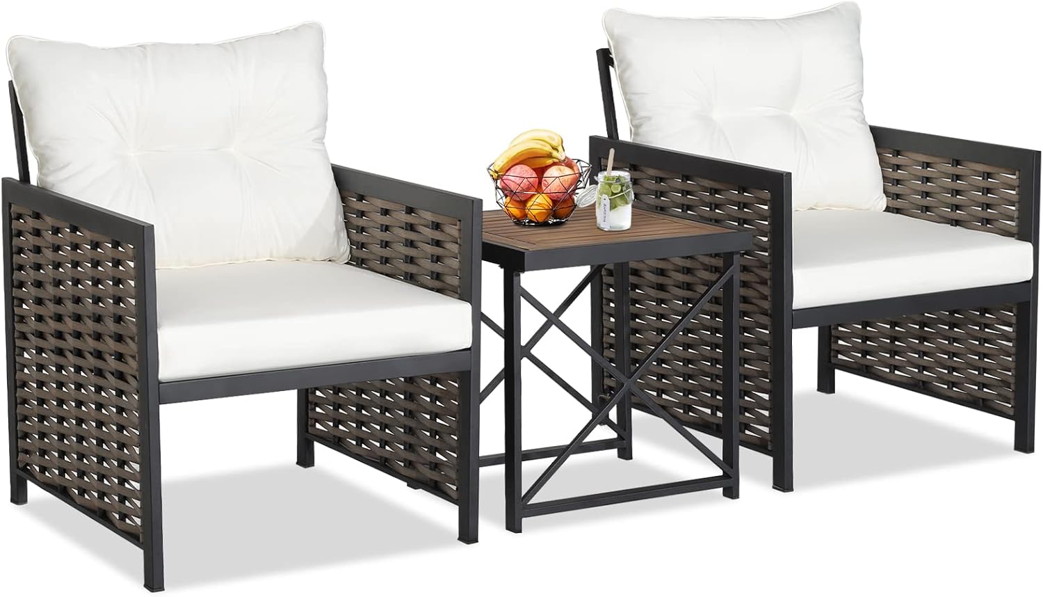 Tangkula 3 Piece Rattan Chair Set, Patio Wicker Chairs and Coffee Table Set, Heavy-Duty Metal Frame & Durable Acacia Wood Tabletop, Outdoor Furniture Set for Backyard, Front Porch, Deck (White)