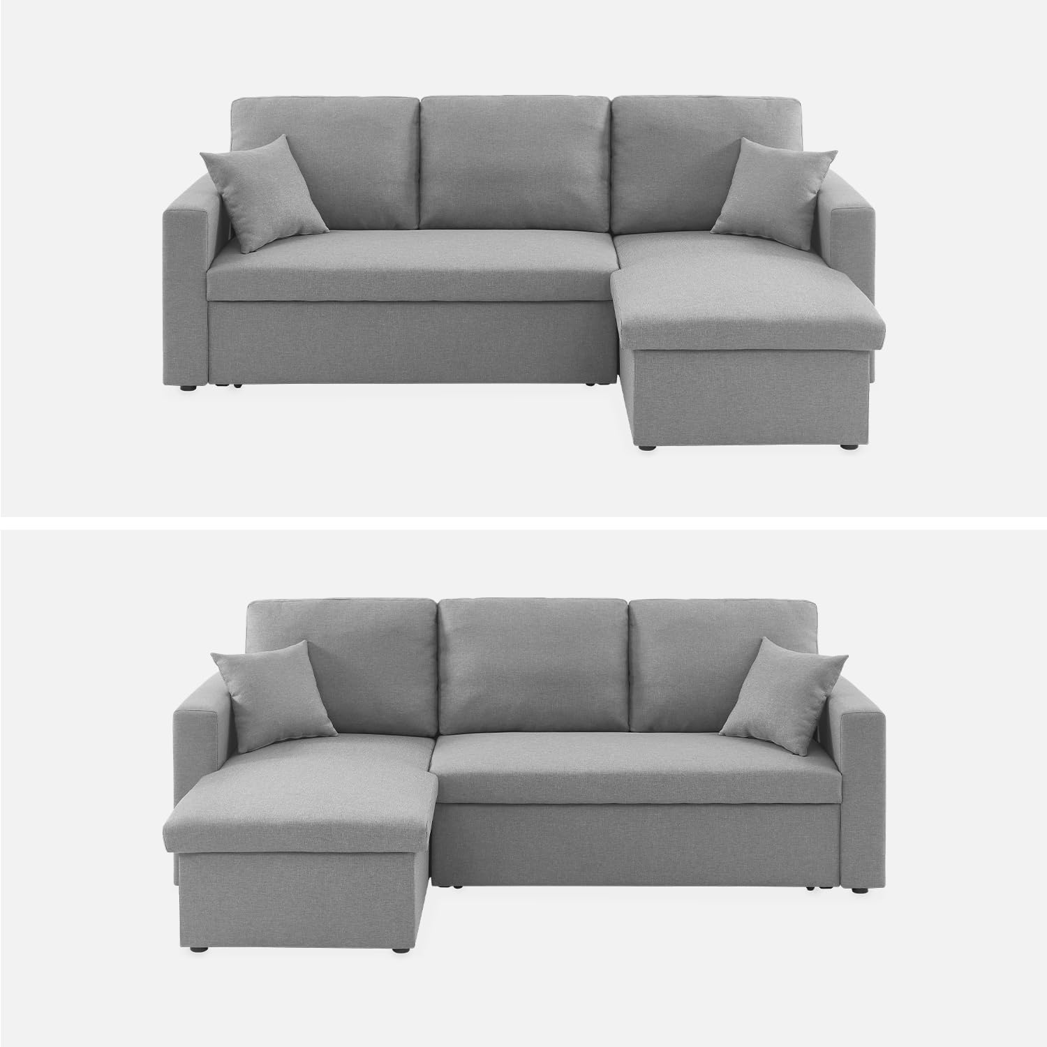 Alice's Garden sweeek - Canapé d'angle Smile Convertible réversible Compact 3 Places en Tissu Gris Clair. L 213.5 x P 136.5 x H 83cm. avec Coffre de Rangement