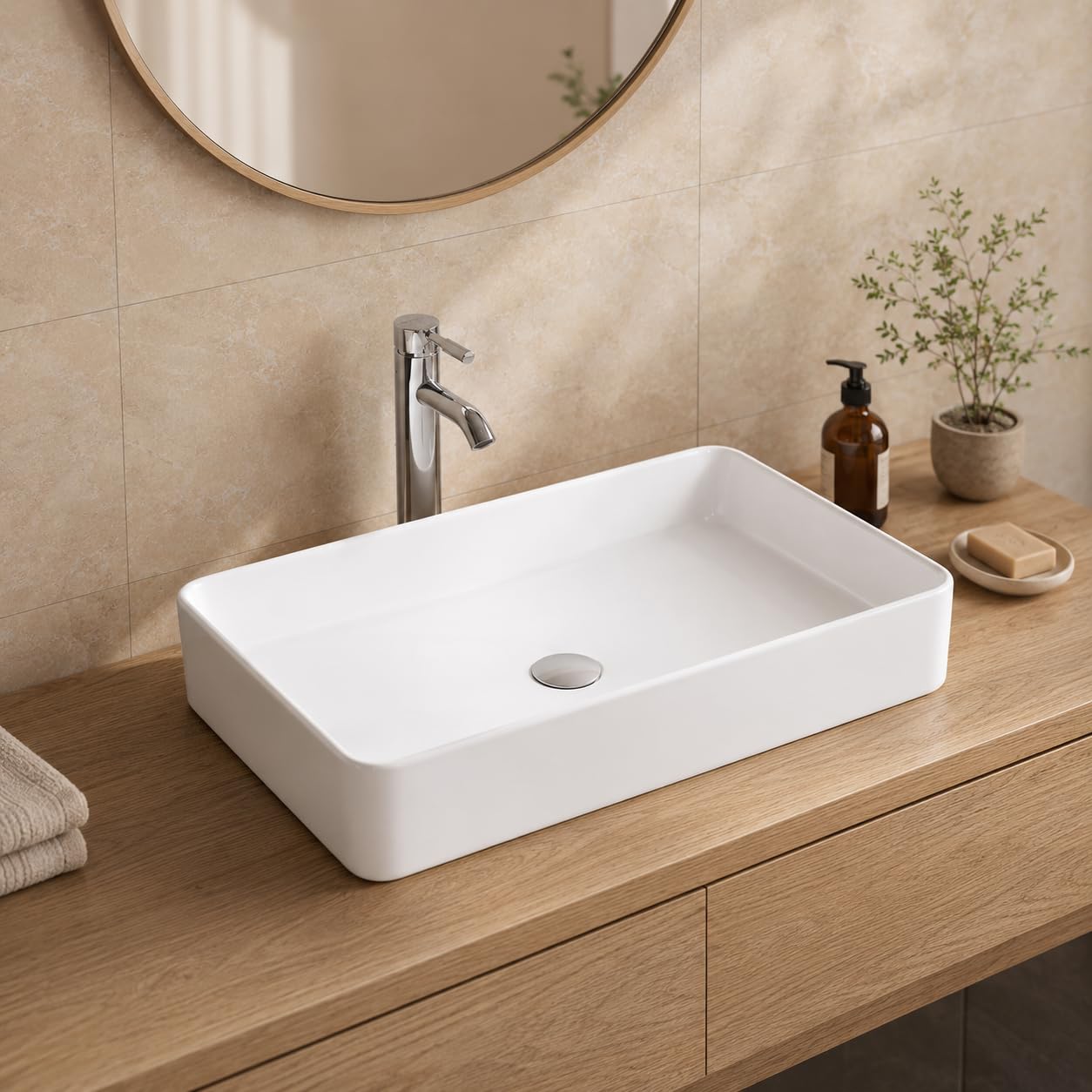 Keramik-Handwaschbecken mit Ablage I großes Waschbecken mit Lotus-Effekt I Handwaschbecken in Weiß I DIN Hahnloch & DIN Abfluss I Aufsatzbecken I Maße: 610 x 410 x 115 mm