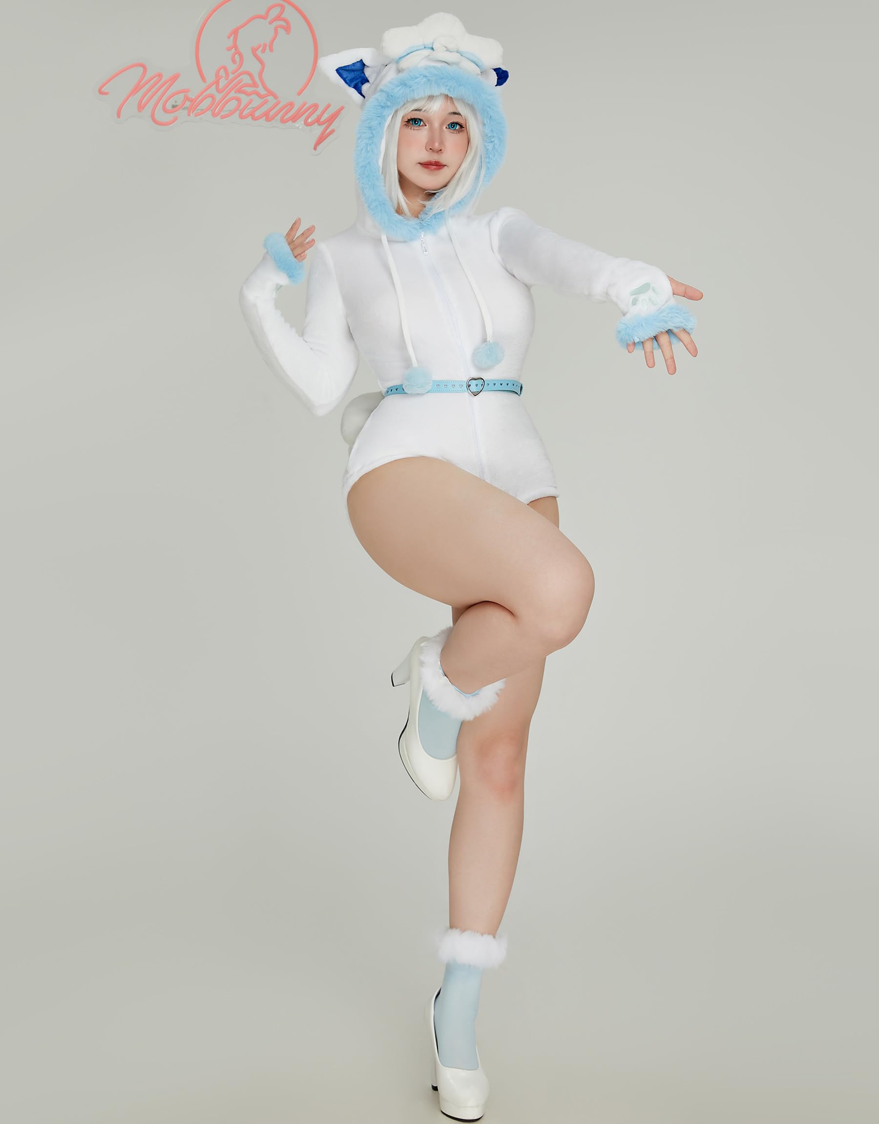 Mobbunny Women's Anime Cosplay Costume Fluffy Romper Onesie Pajamas White Blue Furry Hooded Bodysuit Bodycon Sleepwear: Small White