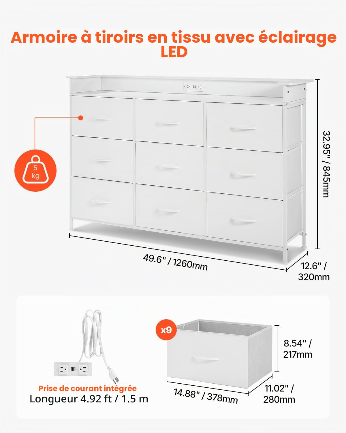 VEVOR Commode Haute en Tissu à 9 tiroirs, Meuble de Rangement avec bacs Tissu, tiroir de Rangement pour Placard, Cadre en métal Robuste, lumières LED et Prise intégrée, pour Chambre, Couloir, Blanc