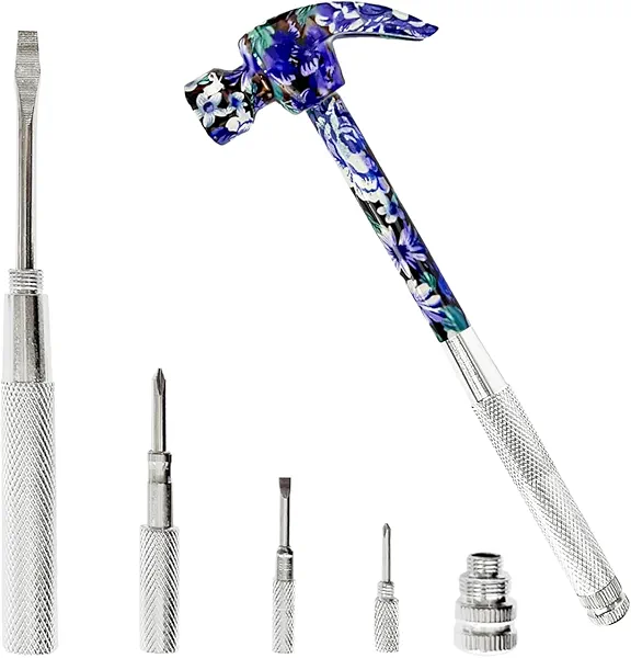 Multifunctional 6 in 1 Floral Hammer and Screwdriver Tool - Multitool Hammer for Camping, Nails, and Tacks - Small Purple Hand Tool for Women (Purple)