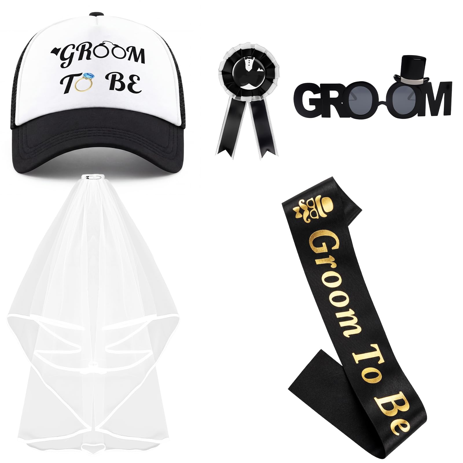 Kyndara 5Pcs Stag Do Accessories Set for Men, Groom To Be Bachelor Party Costume Kit with Hat Veil Glasses Sash Boutonniere for Wedding Shower Pre-Wedding Celebrations