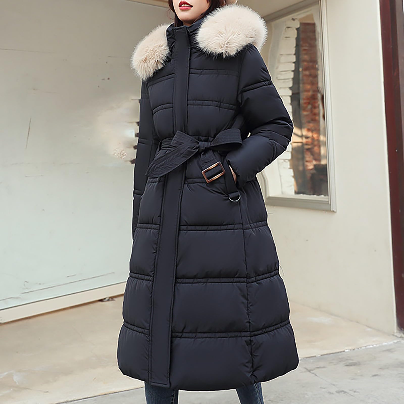 Abrigo de invierno para mujer, resistente al agua, largo, abrigo acolchado cálido con capucha de piel, chaqueta de invierno resistente al viento, abrigo de manga larga, parka de invierno, abrigo para
