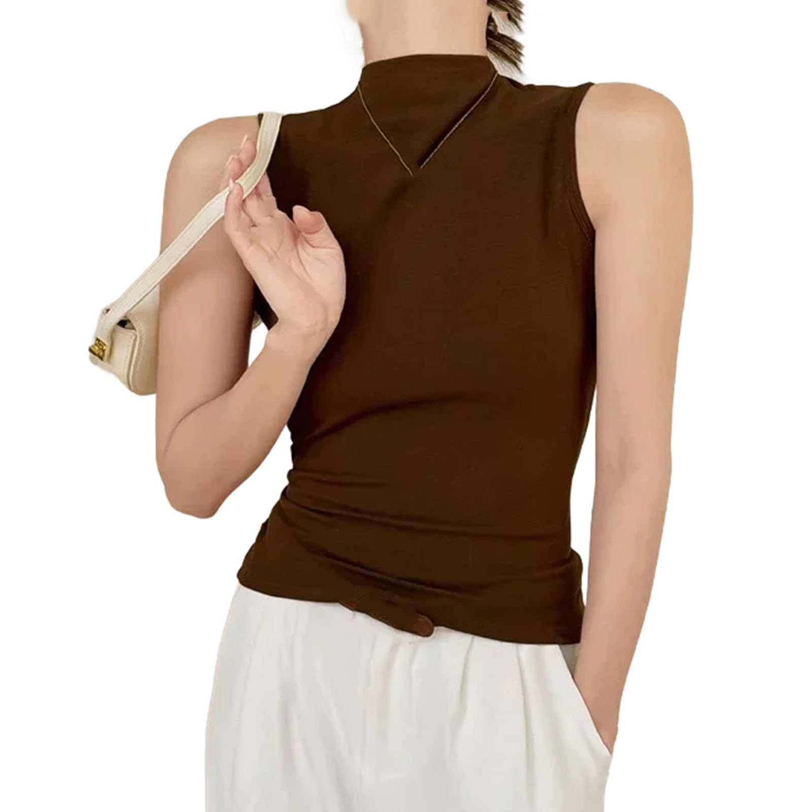 Donne Solido Collo Lupetto Sottile Canotta Maglia Elastico Crop Top Senza Maniche A Costine Casual Top Spiaggia Camis Primavera