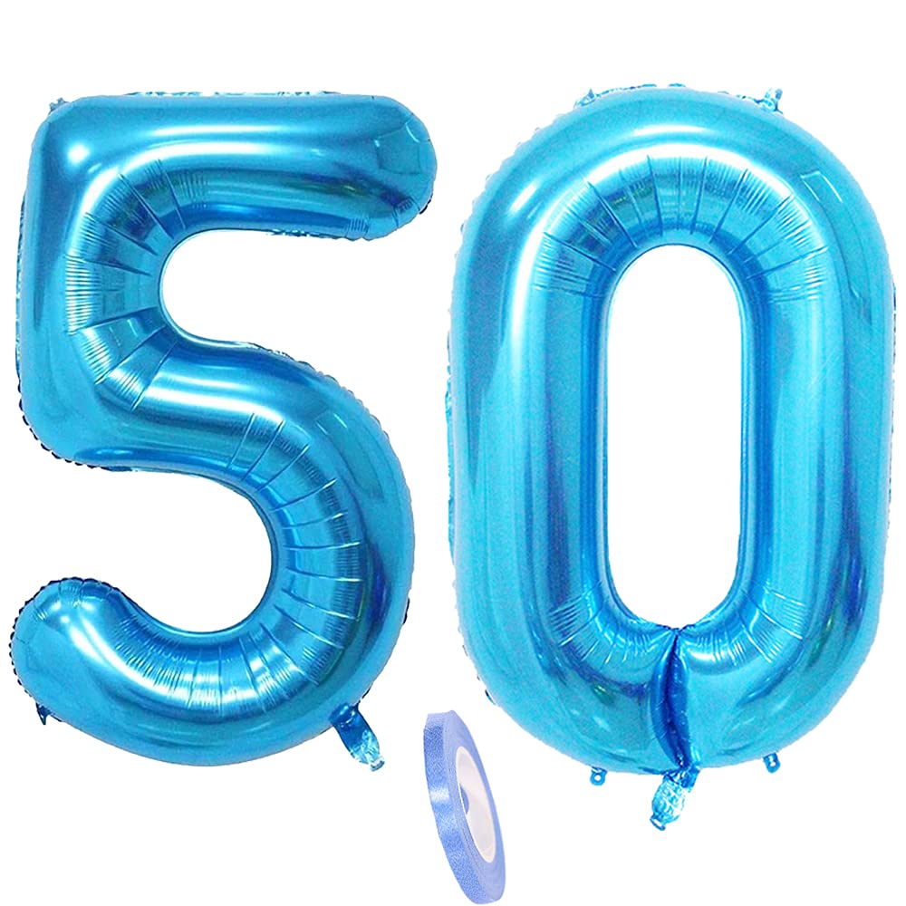 Folienballon Zahl 50 – XXL 100 Cm Riesen-Zahlenballon In Blau – Aufblasbar, Selbstschließendes Ventil – Für Geburtstag, Hochzeit & Jubiläum