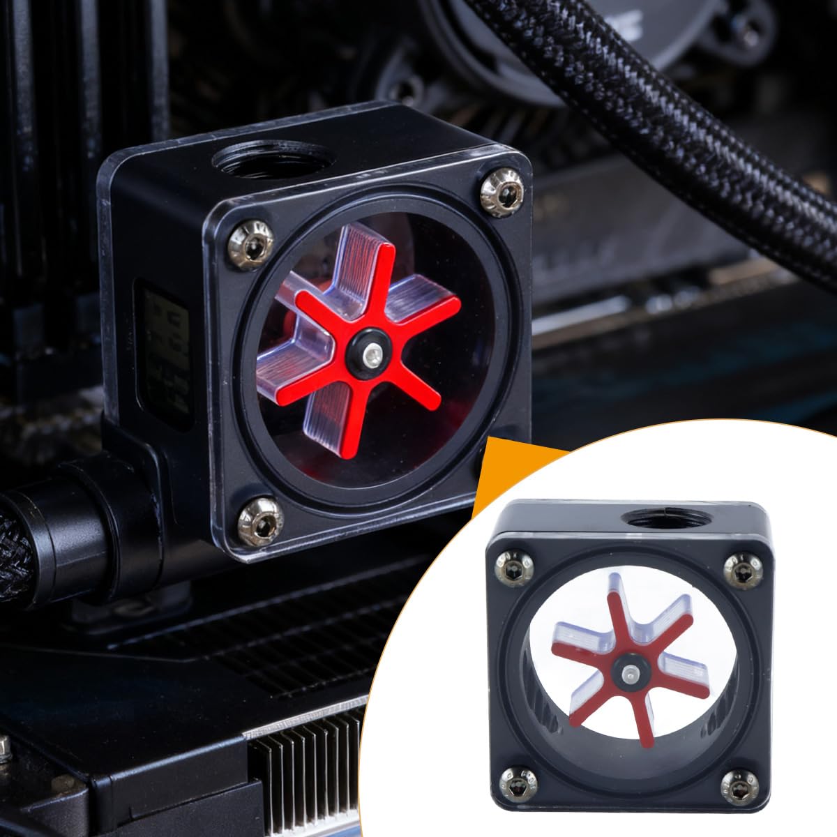 Ausi Misuratore di portata ad alta visibilità con filettatura G1/4 per raffreddamento ad acqua per PC - 6 giranti, indicatore di flusso a 3 vie con monitoraggio del refrigerante in tempo reale