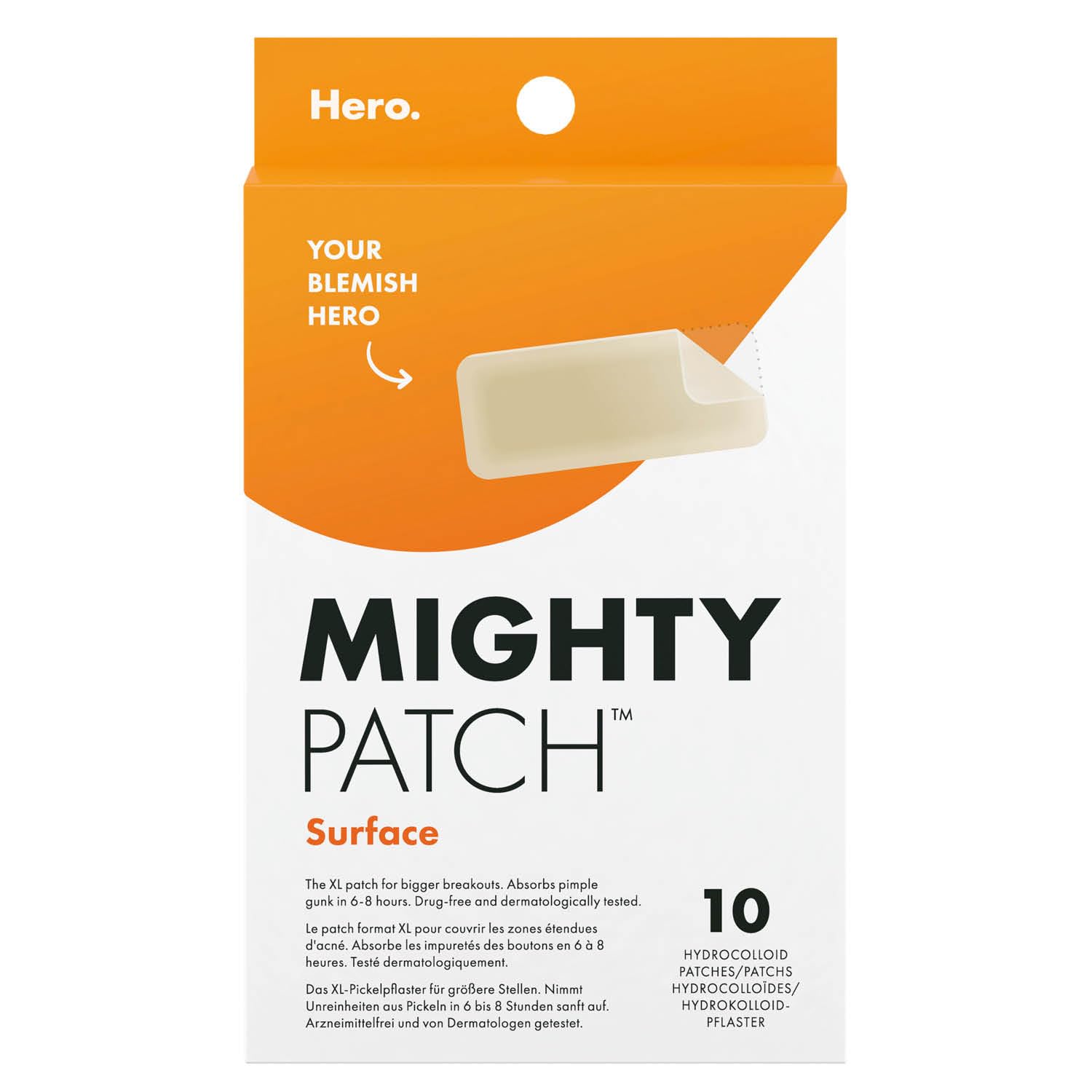 Mighty Patch Surface Pickel-Patches von Hero Cosmetics, XL-Hydrokolloid-Pflaster, Aknebehandlung für Tag & Nacht, 10 große Pflaster für Gesicht & Körper