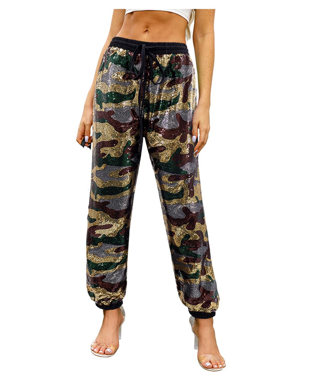 Aelidiya Womens Glitter Sequin Long Pants Bling Party Clubwear Elastic Drawstring Casual Trousers