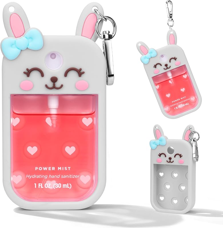 Capa de silicone Kivzex com coelho e chaveiro para frasco Touchland Power Mist e Glow Mist 30 mL, cinza
