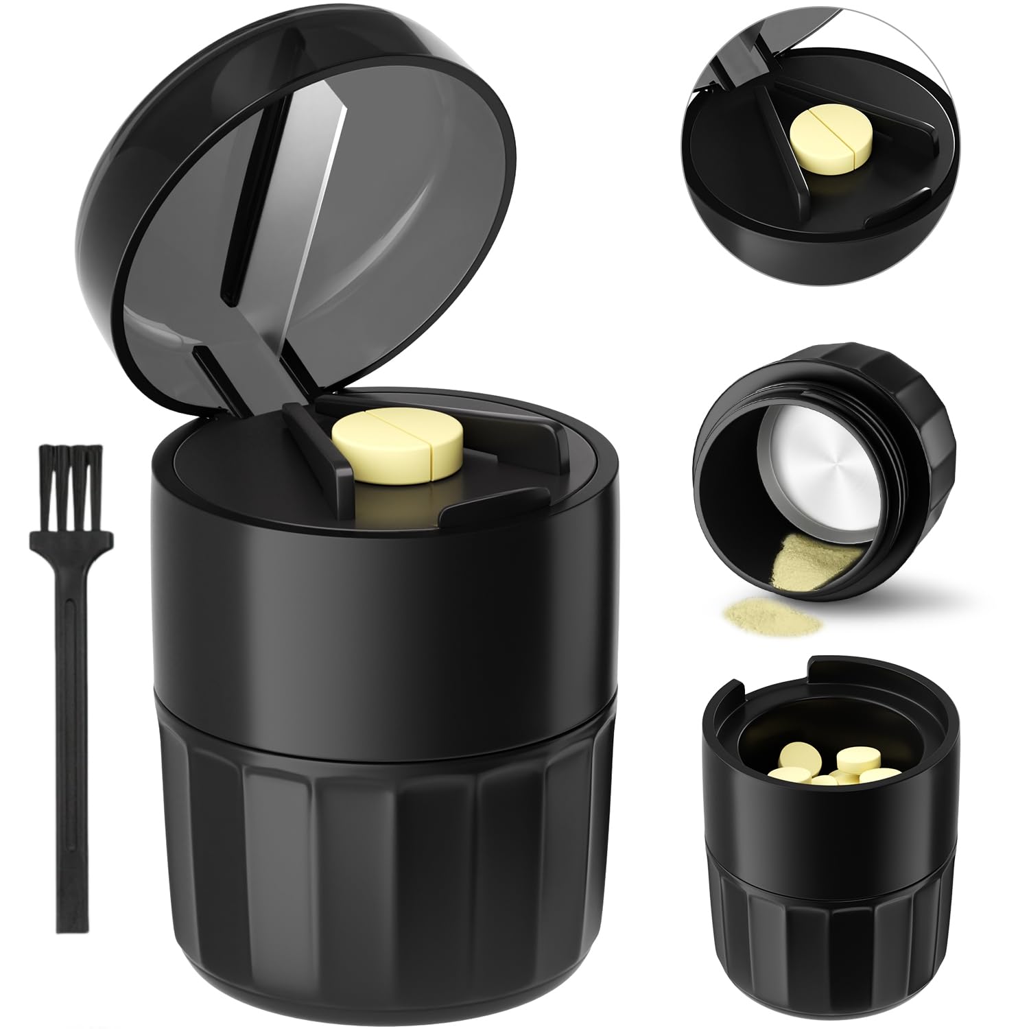 Photo 1 of ??Renmingfed 3-in-1 Pill Crusher Pills Grinder, Pill Crushers Fine Powder with Stainless Steel Grinding Pestle, Pills Grinders for Elderly and Pets with Tablet Cutter and Storage (Brush Included)