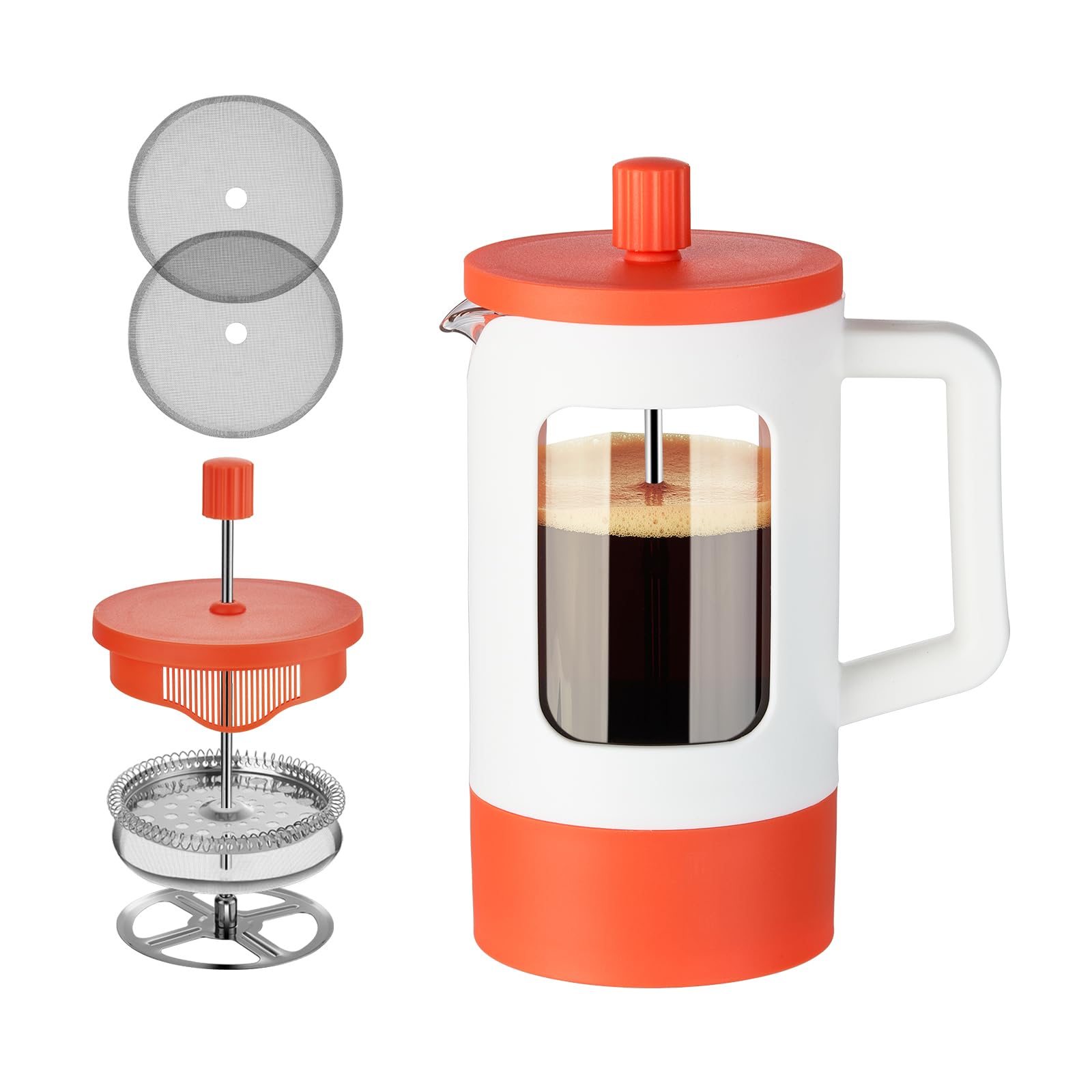 YOLIFE French Press Coffee Maker, 21 oz Small Coffee Tea Press with Heat-resistant Borosilicate Glass, 4-Level Filtration Systems, Portable Coffee Pot for Camping Travel Gifts, White and Orange