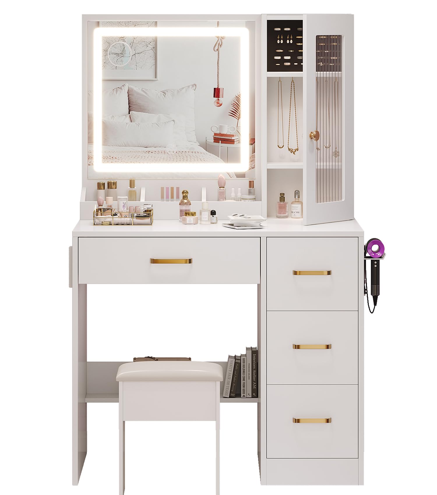 Dressing Table with Mirror and Stool: Vanity Desk with Mirror and Drawers - Makeup Desk with Jewellery Storage, Vanity Dressing Table with LED Lights, Brightness Adjustable, 3 Open Storage Areas