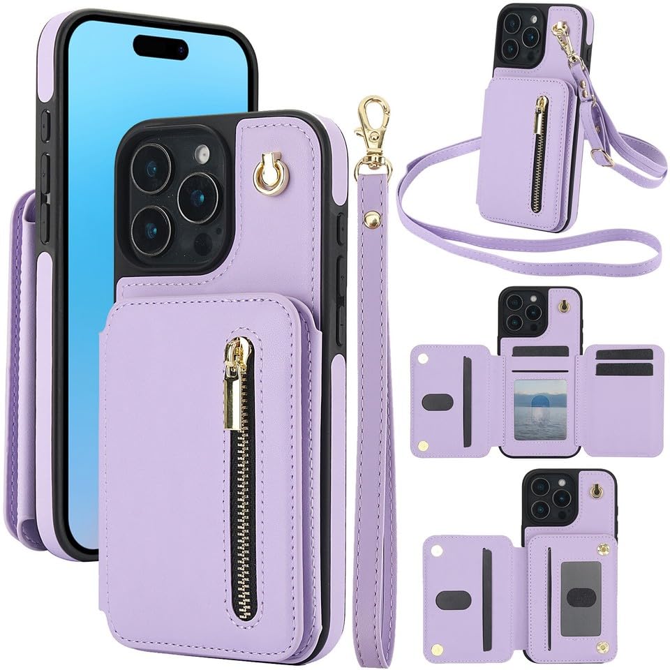 Étui portefeuille en cuir iPhone 16 Pro violet chic minimaliste