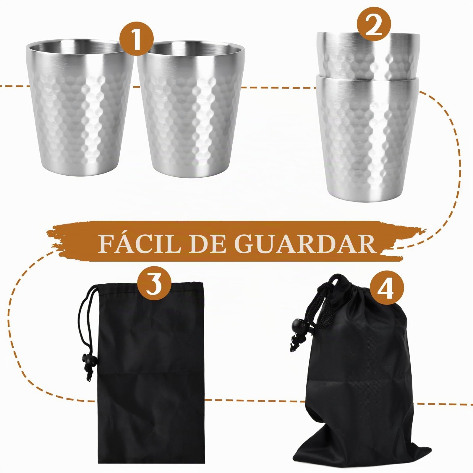 2 Piezas Vasos Acero Inoxidable 260 ml, Tazas de Metal Reutilizables, Taza Camping de Metal de Pulido Martillado, Apilable y Reutilizable Para Caminatas, Campamentos y Festivales De Fiesta